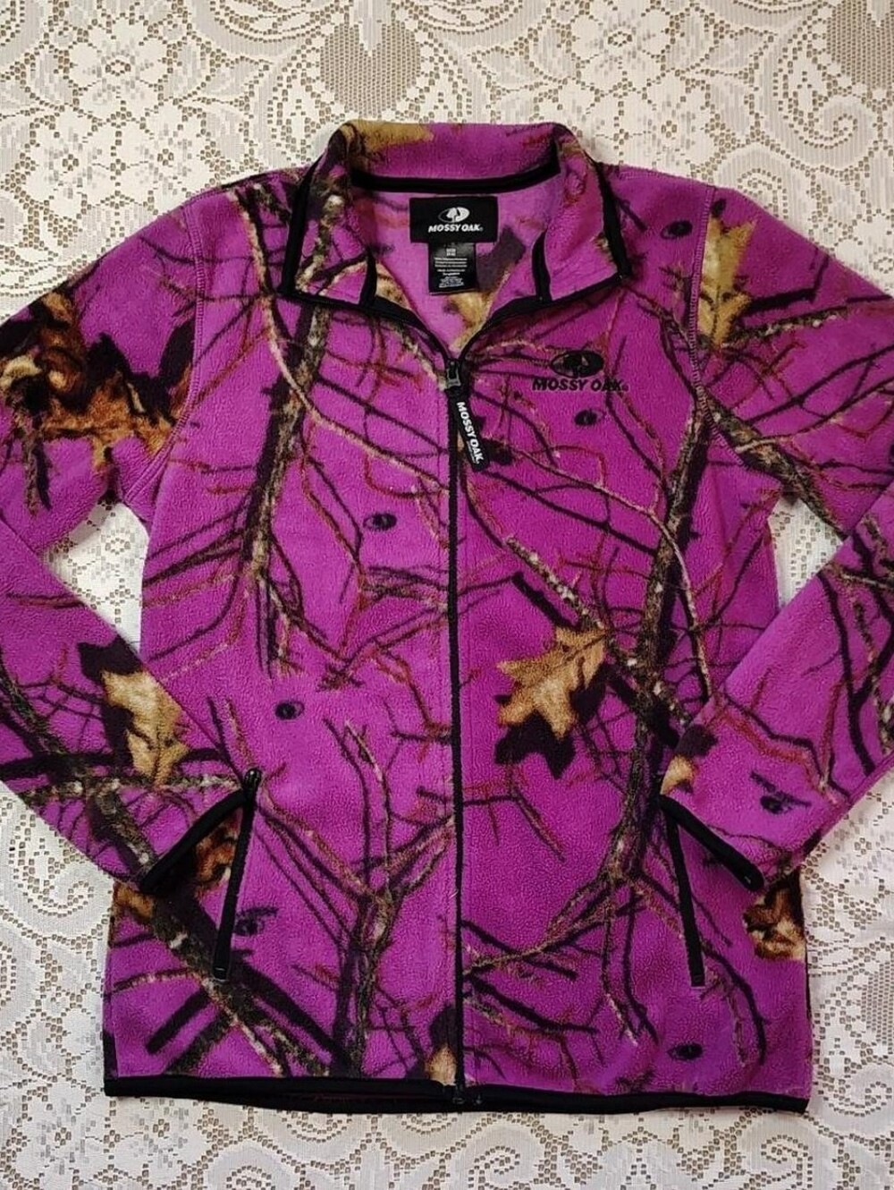 dark purple and camo Mossy Oak zip up fleece jacket